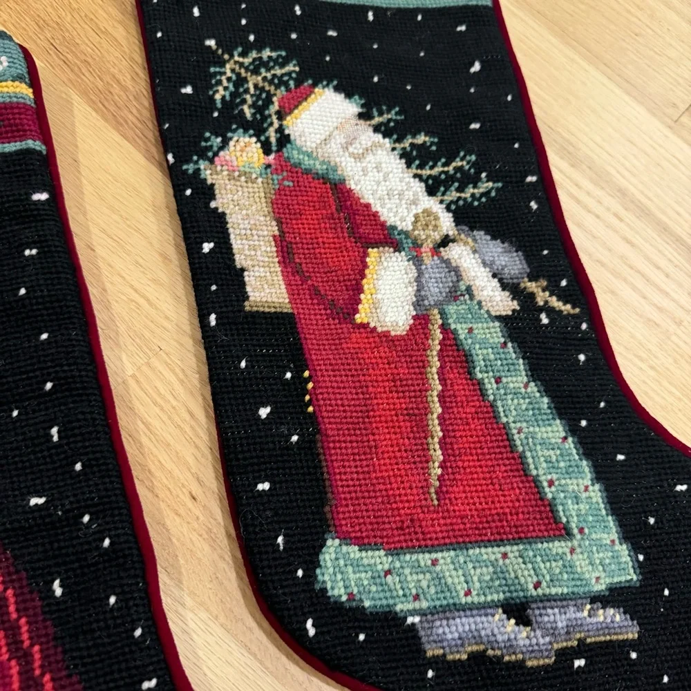 2 Vintage Wool Christmas Stockings Santa   Needlepoint  19